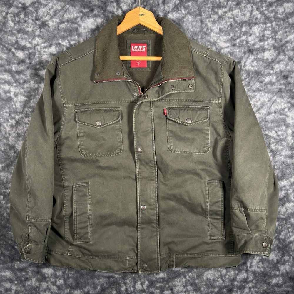 Levis Mens Military Jacket XL Green Workwear Canvas Lined Zip Snap RN74947